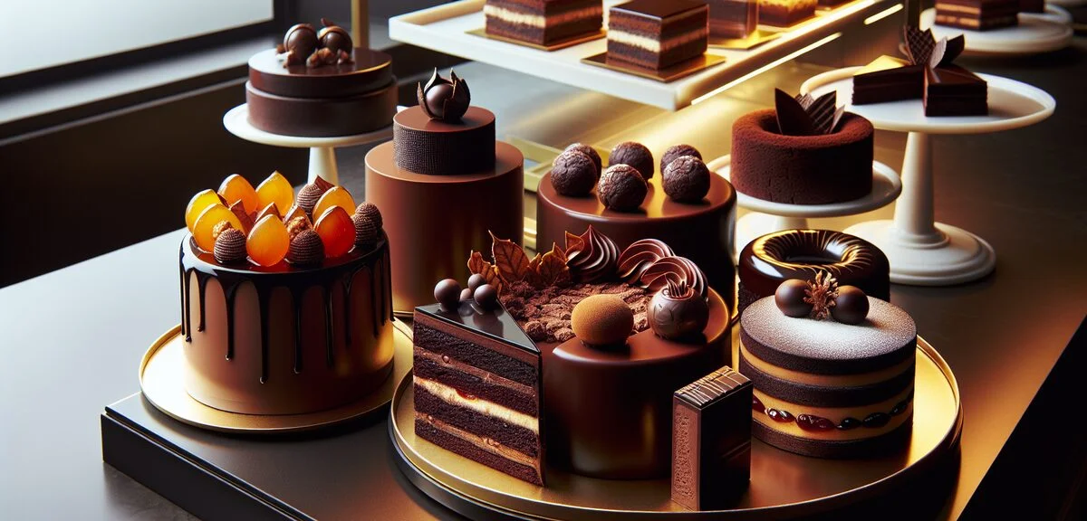 Various chocolate cakes beautifully displayed at a patisserie, including Sachertorte, Gateau au Choc