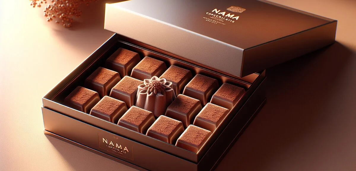 Premium nama chocolate squares dusted with cocoa powder, arranged elegantly in a gift box, luxurious