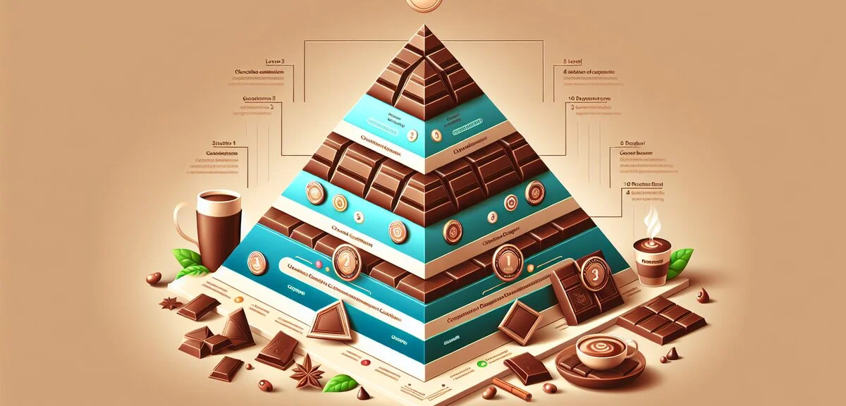 Infographic showing the three levels of chocolate certification exam, pyramid structure with increas