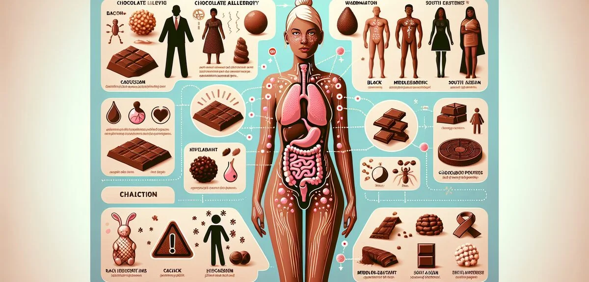 Infographic showing chocolate allergy symptoms, human body diagram with symptom indicators, medical 