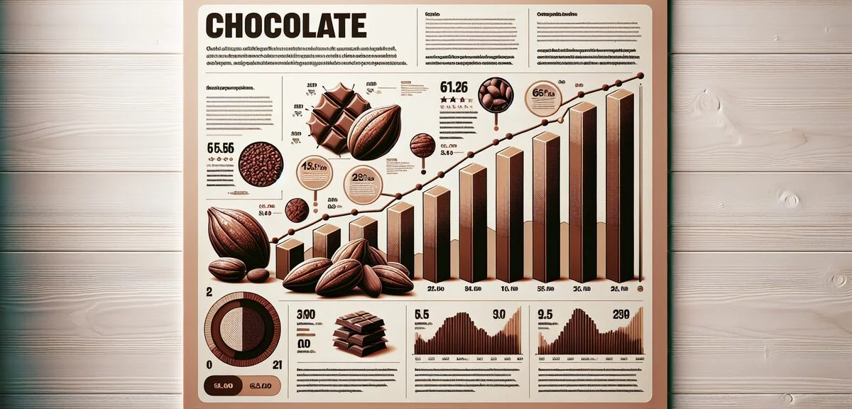 Infographic showing chocolate price increases over recent years, bar chart with cocoa bean imagery,