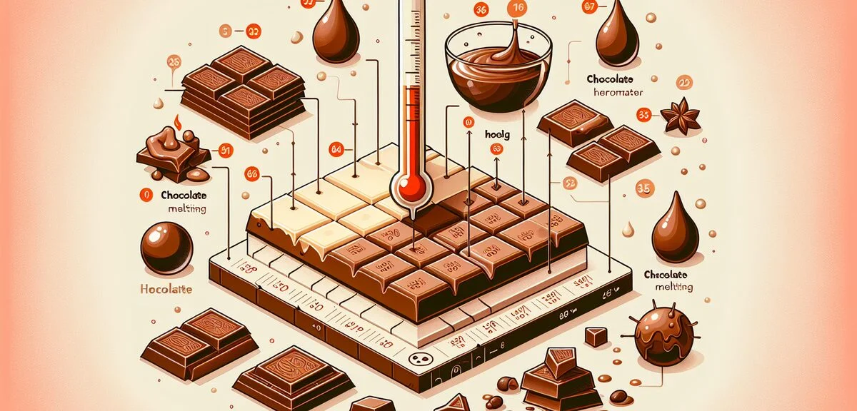 Diagram showing chocolate melting stages at different temperatures, infographic style with thermomet