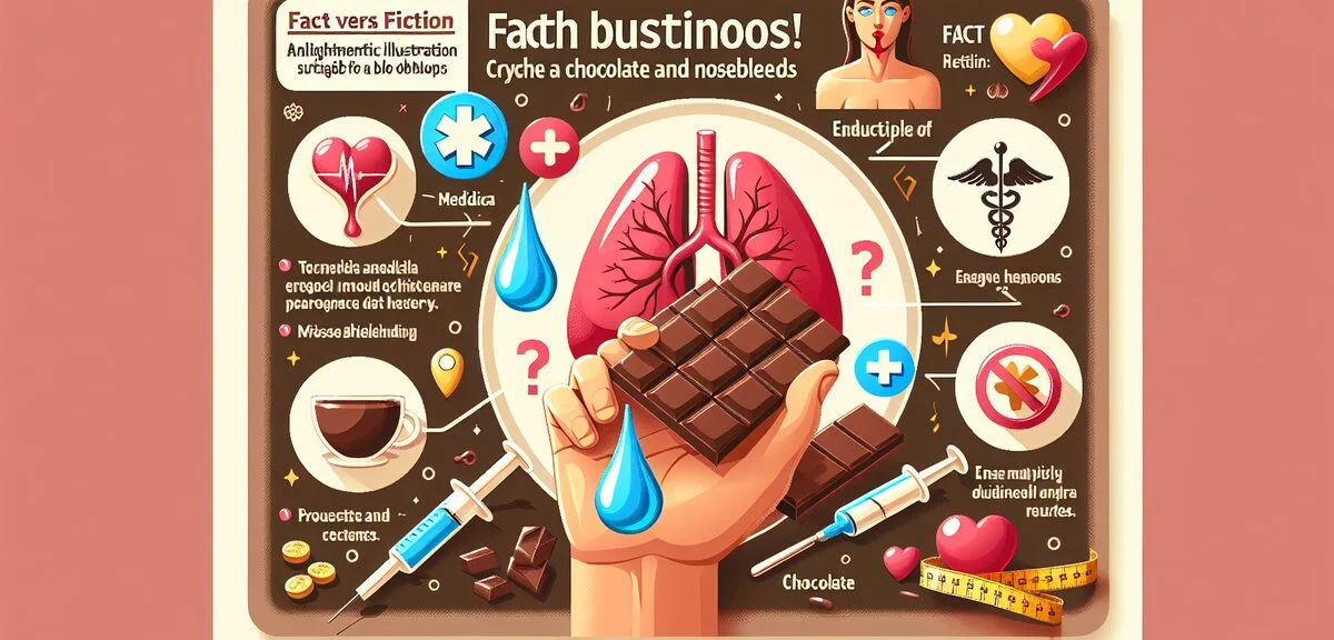 Myth busting illustration about chocolate and nosebleeds, showing fact vs fiction, friendly educatio