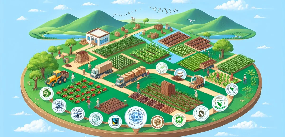 Infographic showing ethical chocolate supply chain from cacao farm to consumer, fair trade concept, 