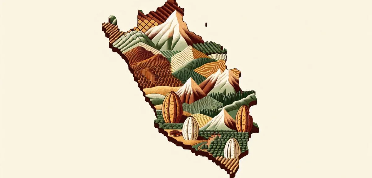 Map of Peru showing cacao growing regions, Andes mountains and Amazon rainforest, agricultural infog