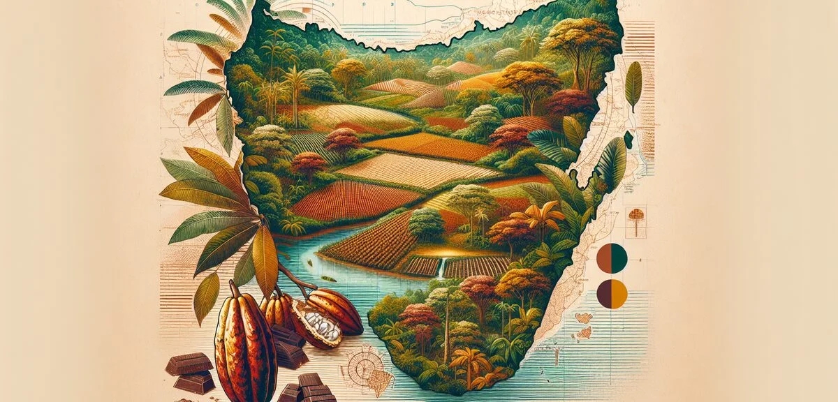 Map of Madagascar showing cacao growing regions in the northwest, tropical rainforest landscape, agr