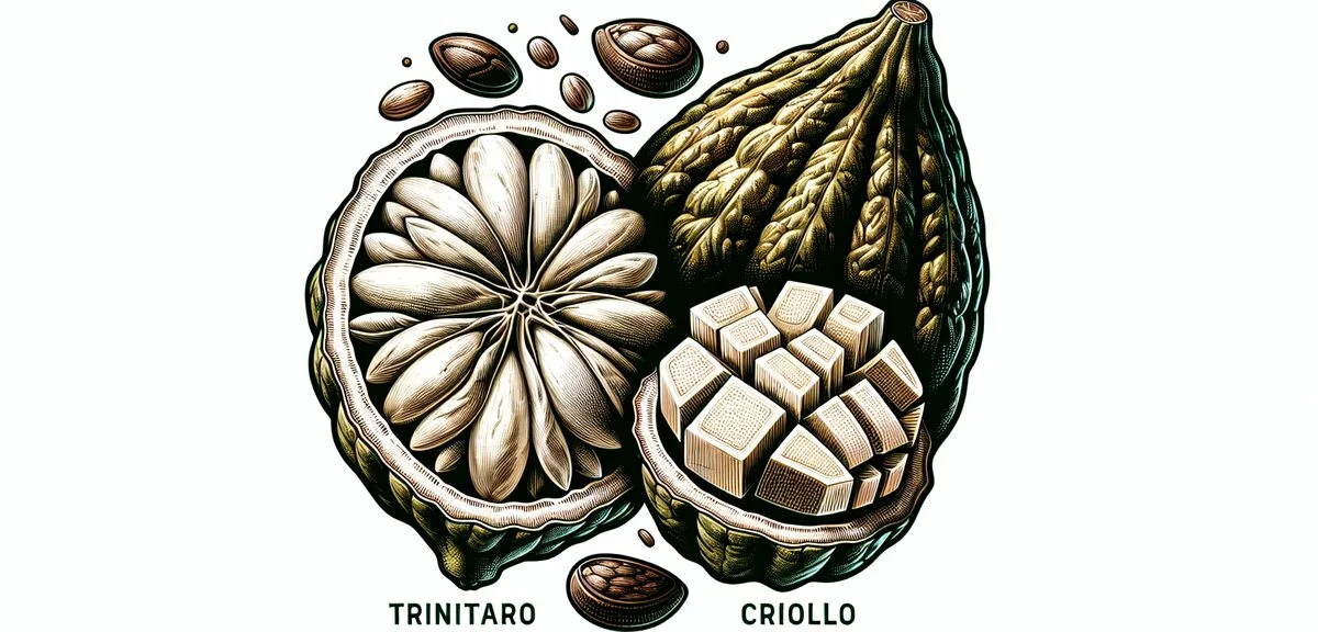 Cacao pods and beans comparison showing Trinitario and Criollo varieties, cross-section of cacao fru