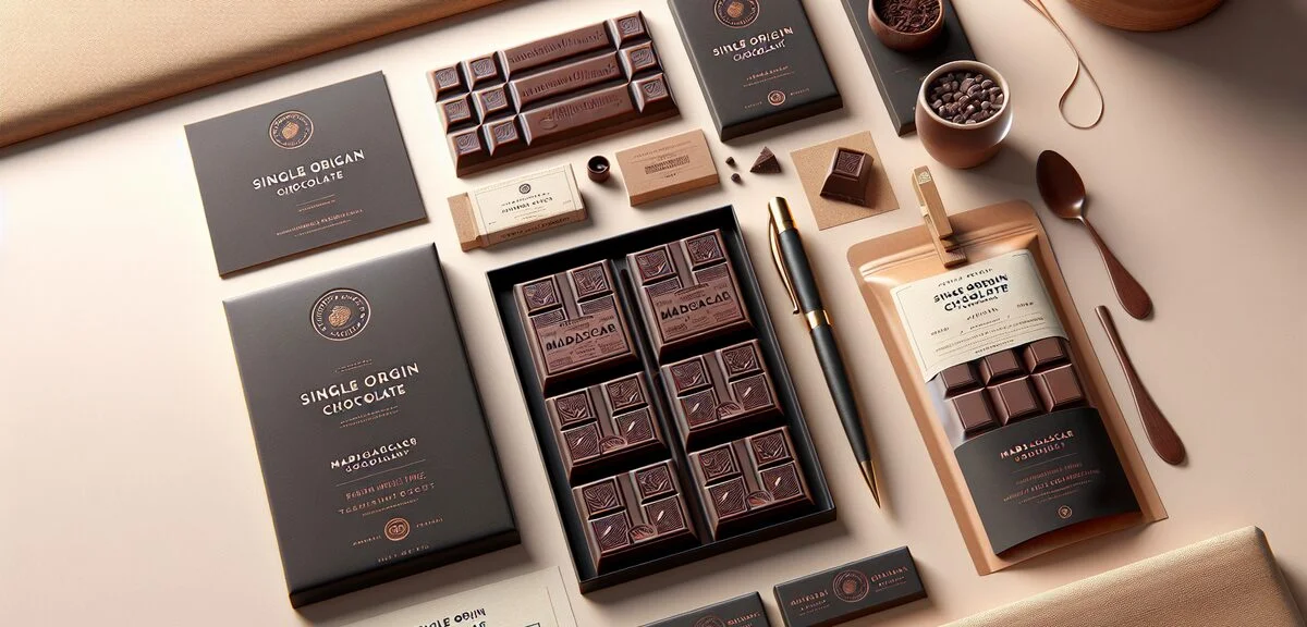 Premium Madagascar origin chocolate bars displayed elegantly, artisan chocolate packaging with origi