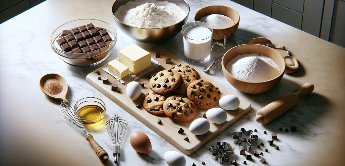 Ingredients for chocolate cookies laid out on marble counter - butter, eggs, flour, sugar, chocolate