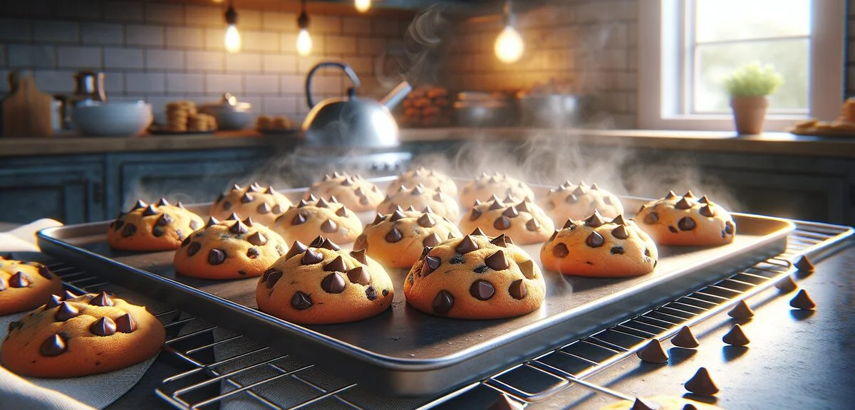 Freshly baked chocolate chip drop cookies on baking sheet, golden brown edges with gooey chocolate c