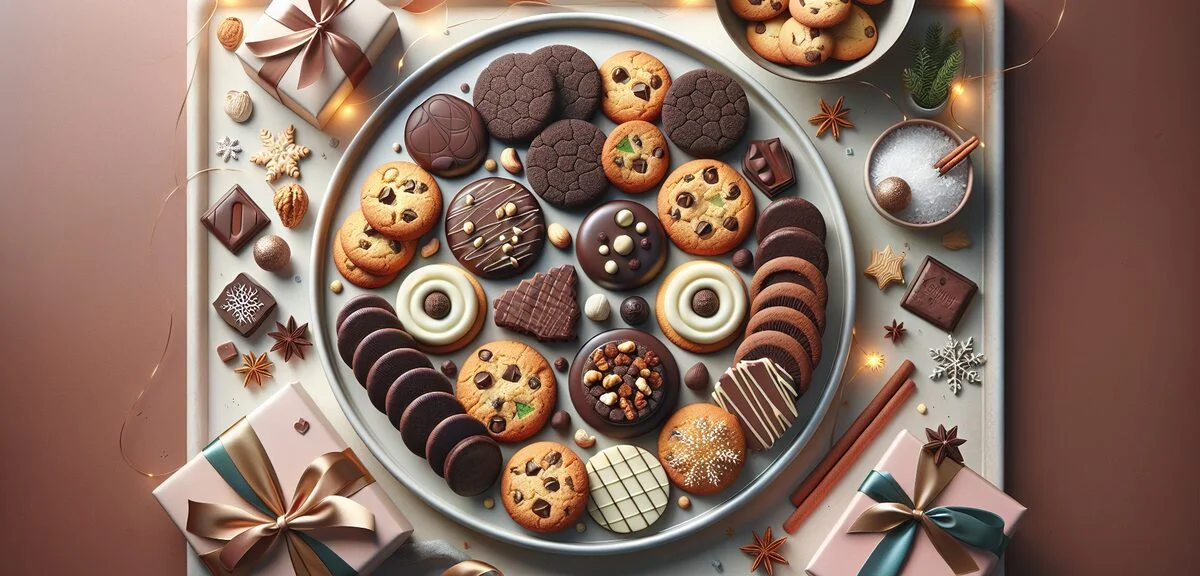 Variety of chocolate cookie arrangements including double chocolate, nut-topped, matcha white chocol