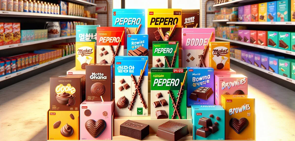 Korean chocolate products variety shot, Pepero boxes, Market O brownies, Lotte Ghana chocolate, colo