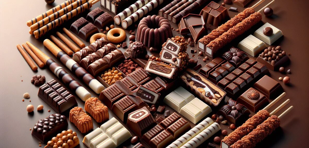 Close-up of Pepero sticks with various toppings and flavors arranged beautifully, Choco Pie cross-se