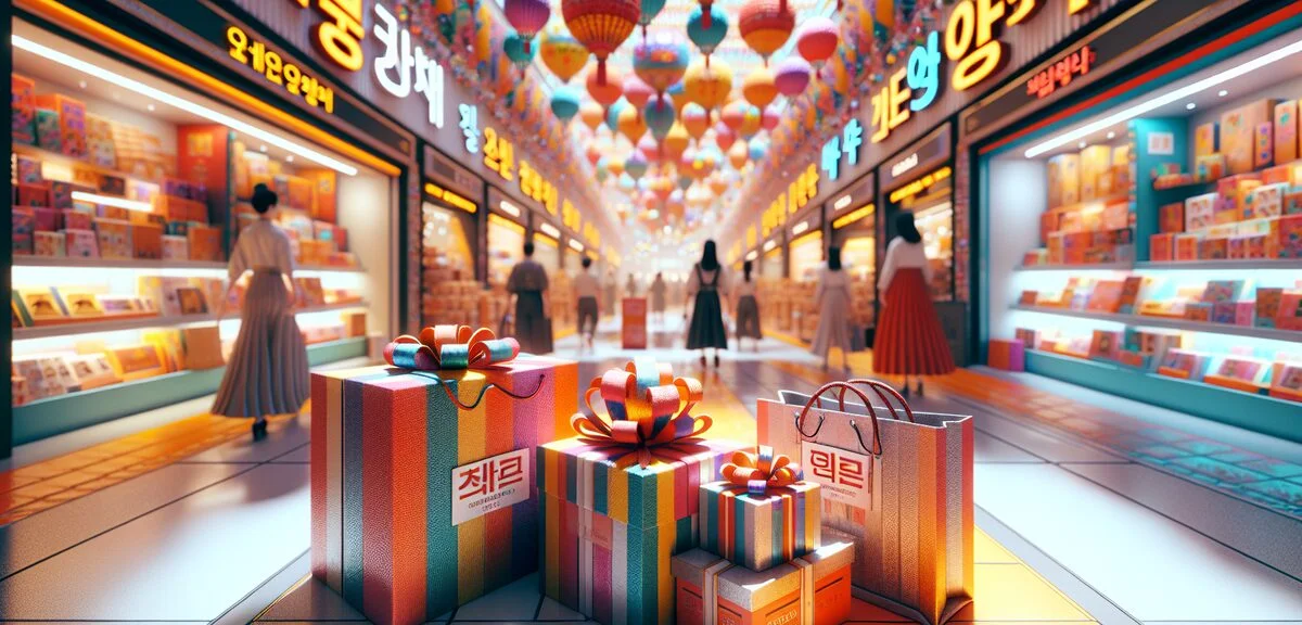 Korean souvenir shopping scene, gift boxes of Korean chocolate beautifully wrapped, shopping bags wi