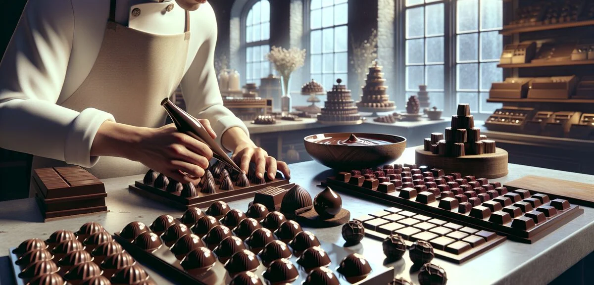 Professional chocolatier hands piping ganache into chocolate molds, truffles and nama chocolate squa