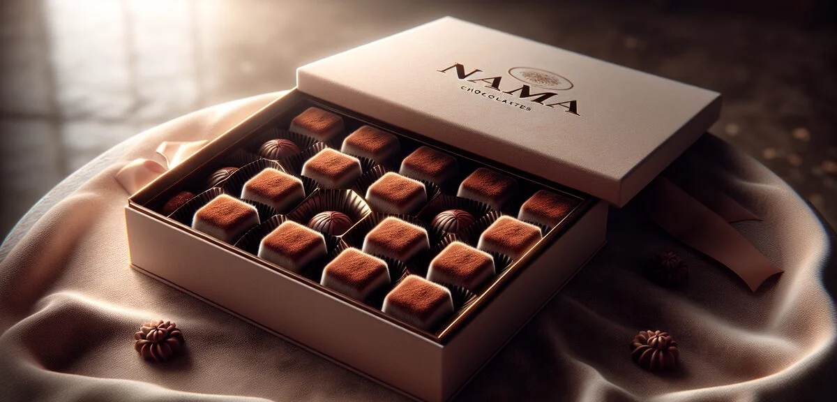 Beautiful nama chocolate squares dusted with cocoa powder arranged in an elegant gift box, Japanese 