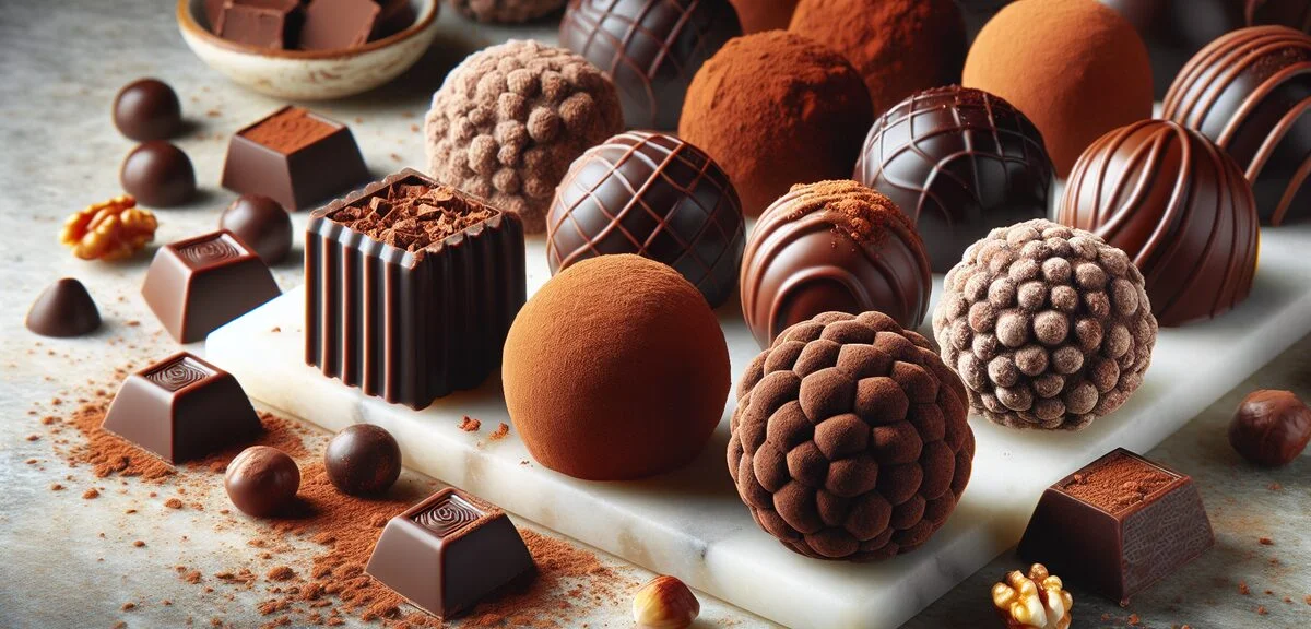 Assorted chocolate truffles with different coatings including cocoa powder, chopped nuts, and chocol