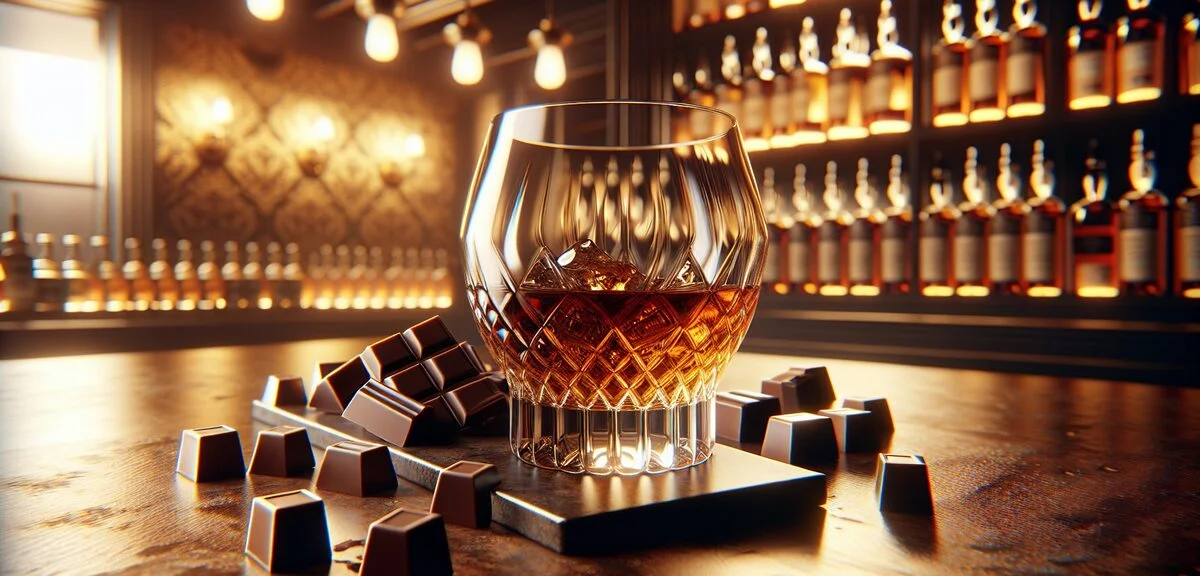 Elegant whisky tasting setup with various chocolate pieces, amber-colored single malt in a Glencairn