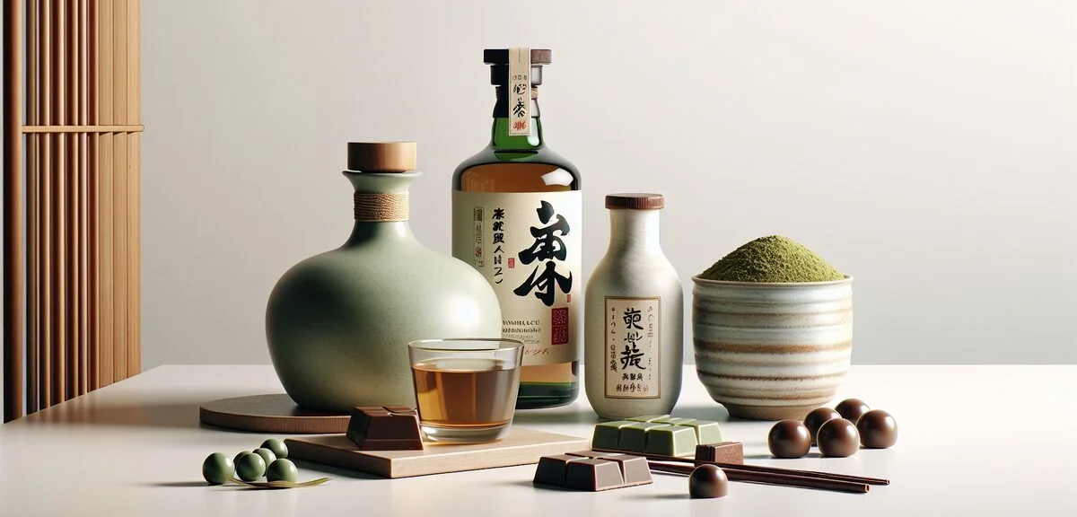 Japanese whisky bottles like Yamazaki and Hakushu next to matcha chocolate and traditional Japanese 