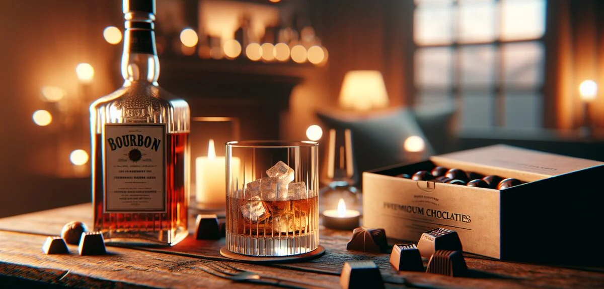 Home bar setup with bourbon bottle, premium chocolate box, and rock glass with ice, cozy evening atm