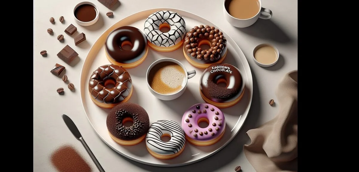 ミスタードーナツのチョコレートドーナツ各種が白いお皿に美しく盛り付けられている写真。チョコファッション、ポン・デ・ショコラ、ダブルチョコレートなど5種類が並び、コーヒーカップが添えられている