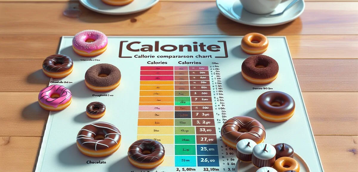 A colorful calorie comparison chart of chocolate donuts displayed on a cafe table, with miniature Mi