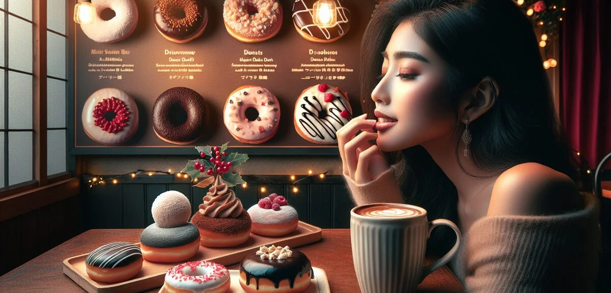 A cozy Mister Donut cafe scene with a person enjoying a chocolate donut paired with hot coffee, seas