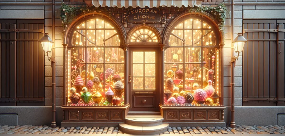 Whimsical European chocolate shop storefront decorated with colorful candies and magical glowing cho