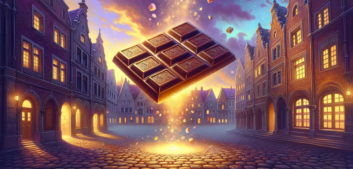A magical floating chocolate bar glowing with golden light above a cobblestone European city square