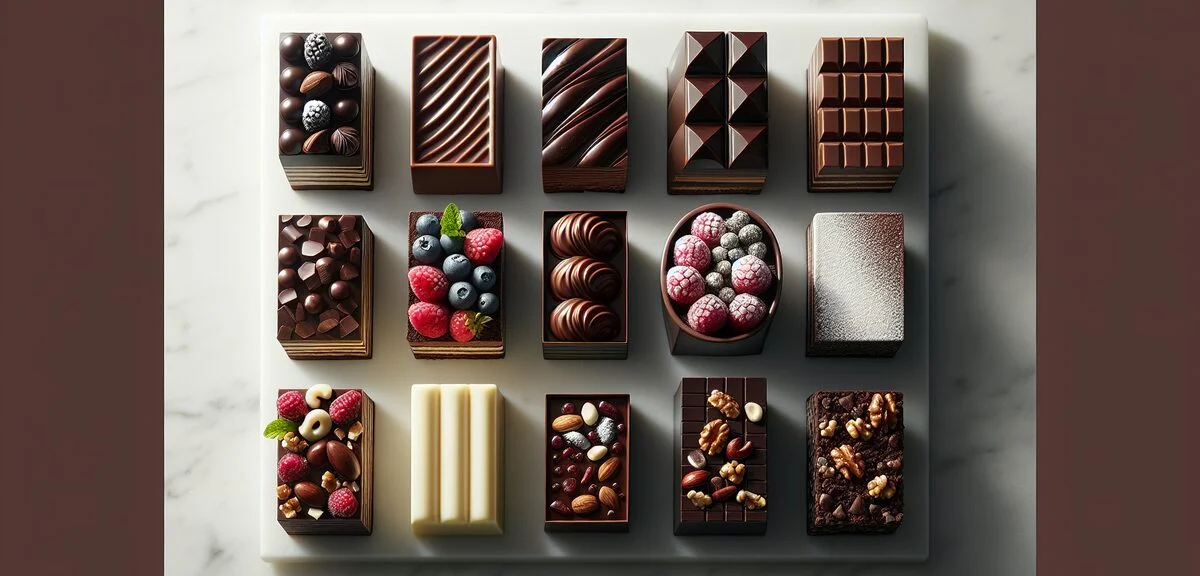 Six different types of chocolate terrine arranged in a row on a marble counter, showing classic dark