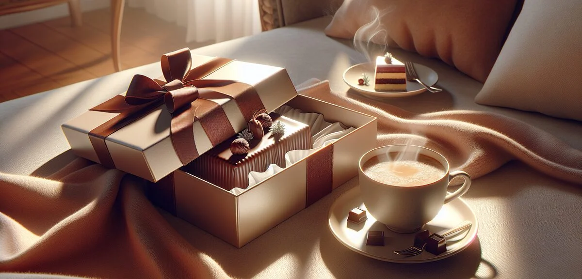 A gift box containing a beautifully wrapped chocolate terrine with ribbon, alongside a cup of coffee