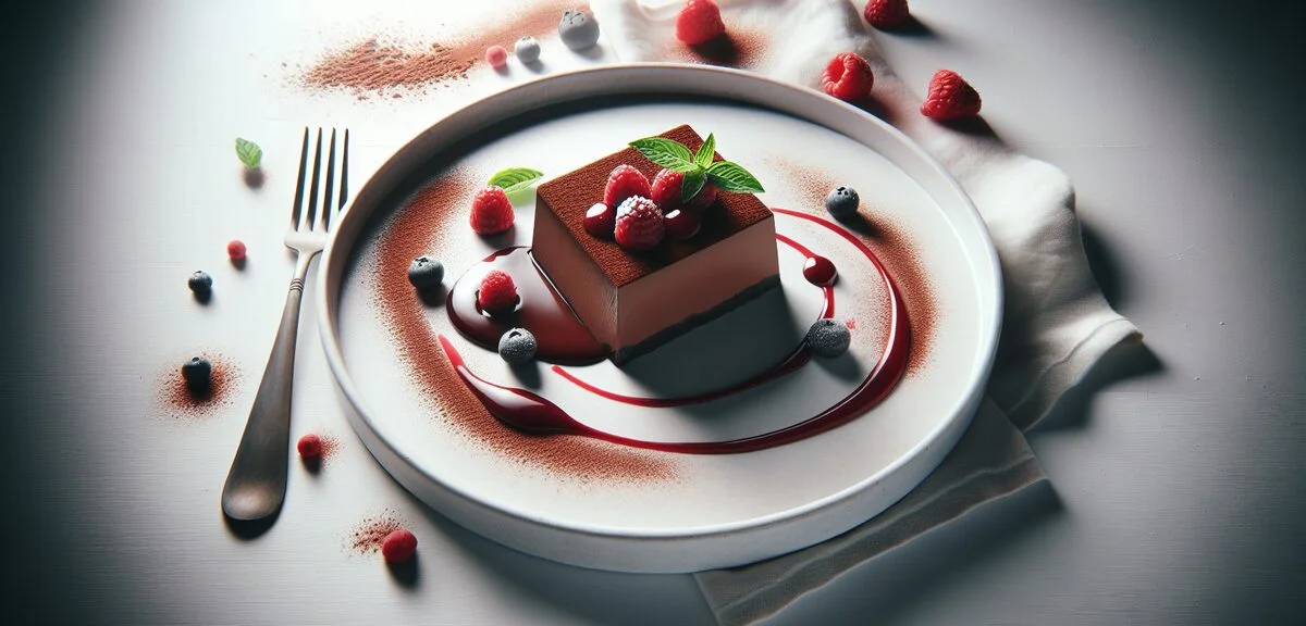 A beautifully plated slice of chocolate terrine on a white plate with raspberry sauce drizzle, fresh