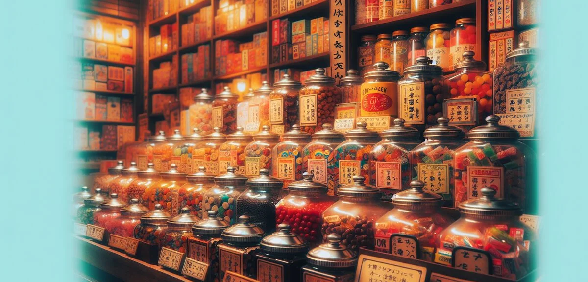 A nostalgic Japanese candy shop display featuring classic long-selling chocolate snacks from differe
