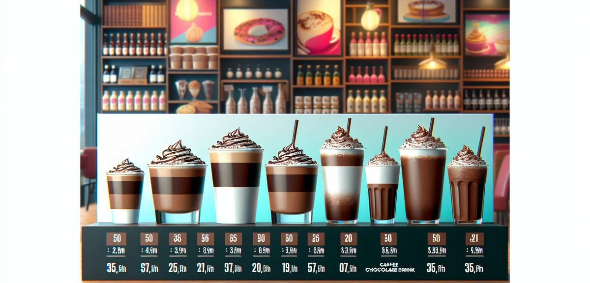 Starbucks chocolate drinks calorie comparison, multiple Starbucks cups in different sizes lined up,