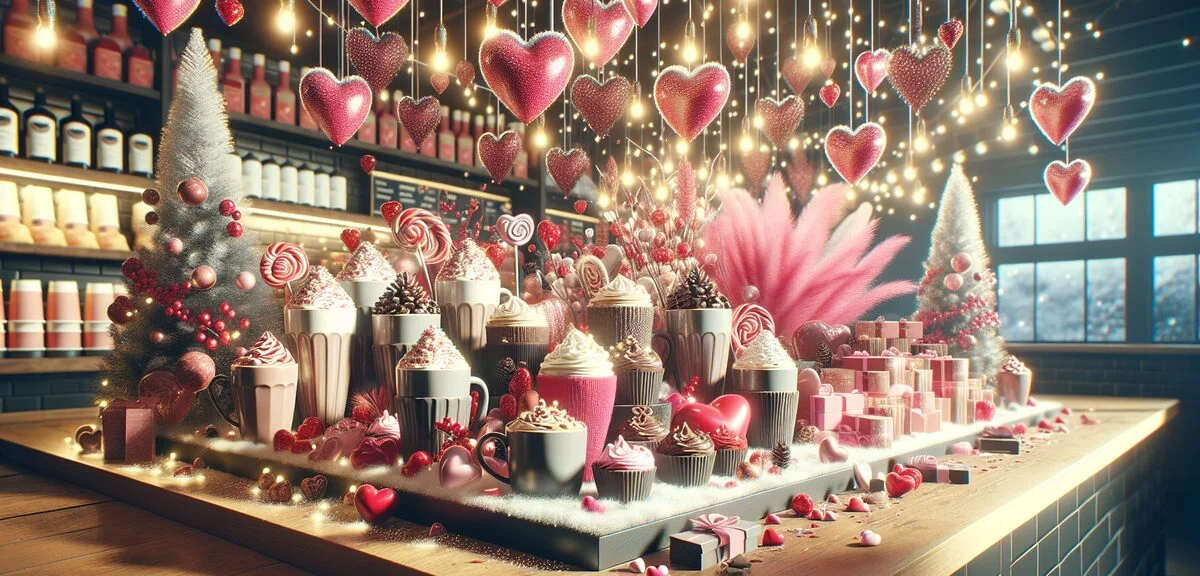 Seasonal Starbucks chocolate drinks display with Valentine's Day and holiday themed cups, pink and r