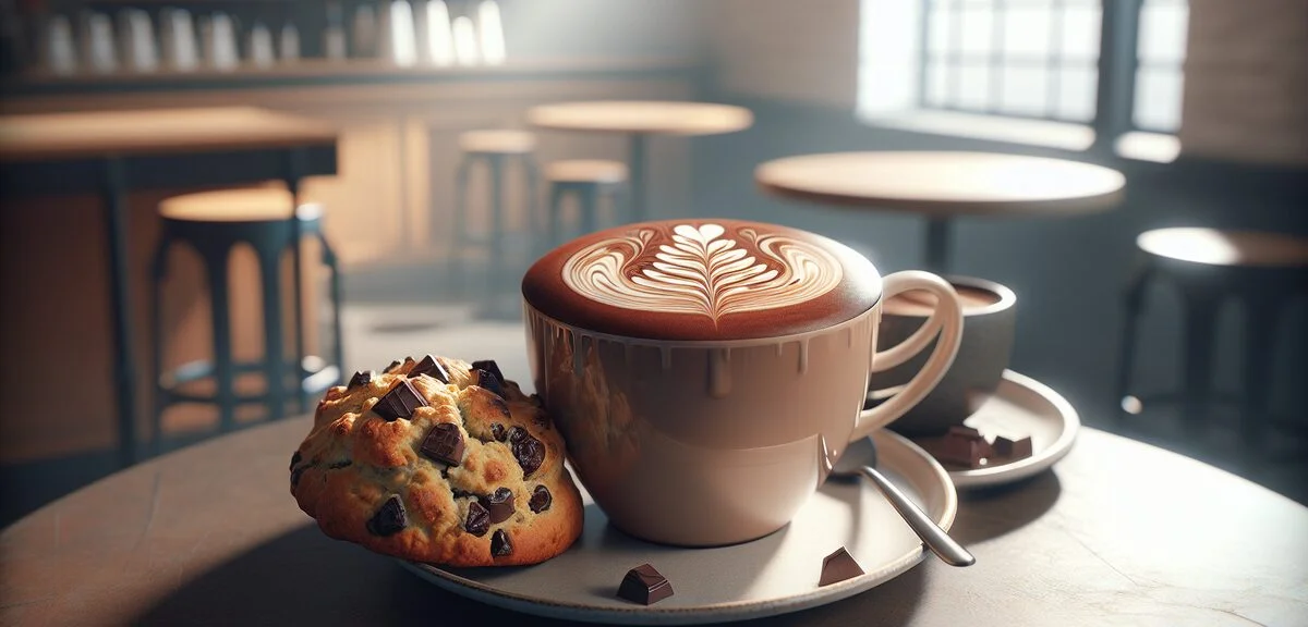 A Starbucks cafe table with a perfect chocolate drink and food pairing, cafe mocha with chocolate ch