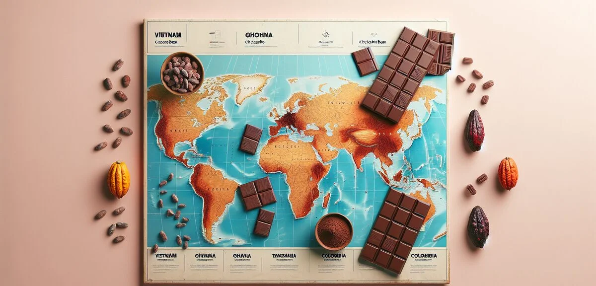 世界地図の上にカカオ豆の産地がマーキングされ、それぞれの産地のチョコレートバーが並んでいるフラットレイ写真。ベトナム、ガーナ、タンザニア、コロンビアのカカオ豆とチョコレート