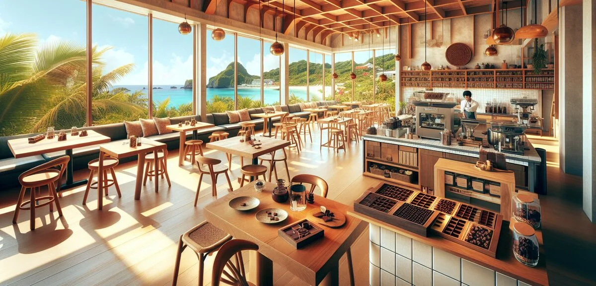 A bright and stylish Okinawa bean-to-bar chocolate cafe interior with large windows overlooking trop