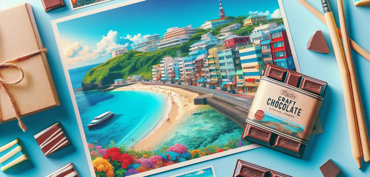 Okinawa sightseeing route collage featuring beautiful blue ocean beach, American Village colorful bu
