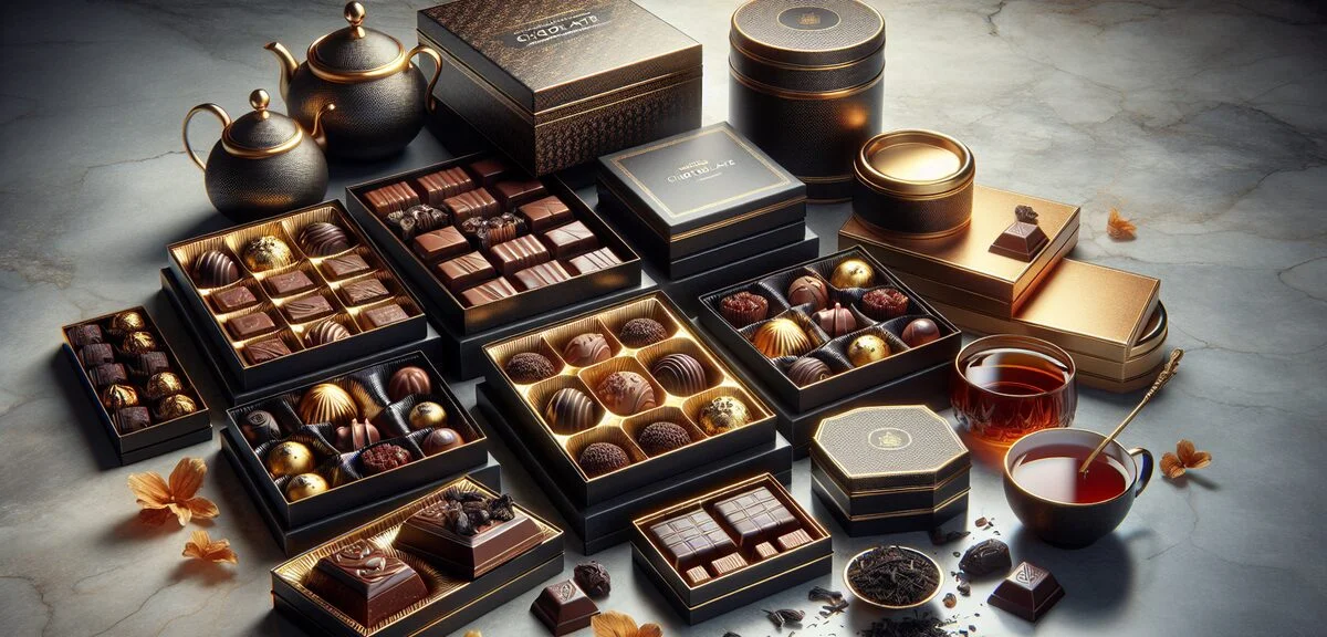 Luxurious display of Mariage Frères chocolate collection with signature black and gold boxes, arrang