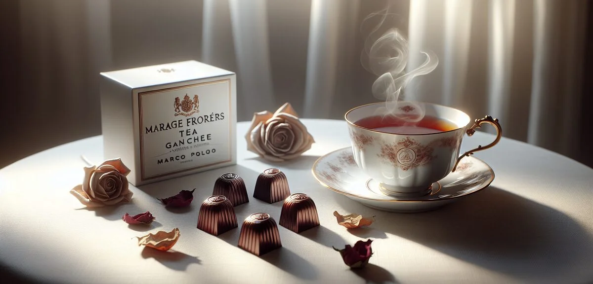 An elegant afternoon tea pairing scene with Mariage Frères tea ganache chocolates alongside a steami