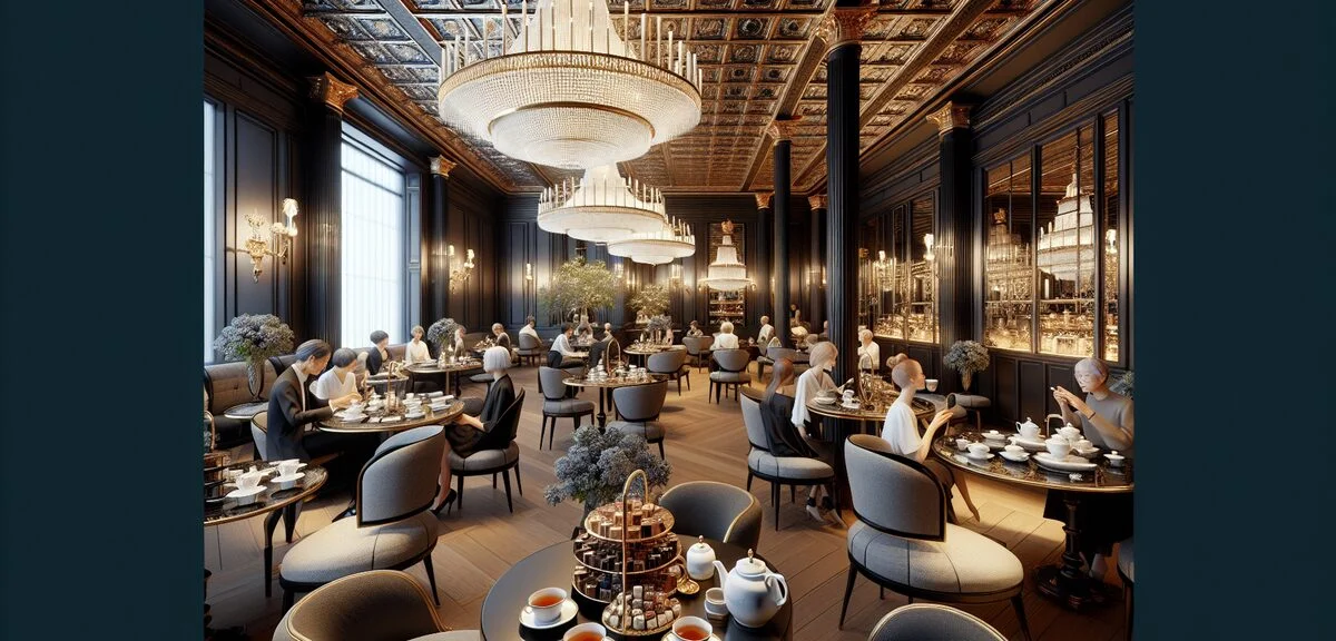 Interior of a sophisticated Mariage Frères tea salon in Tokyo Ginza, black and gold decor, elegant c