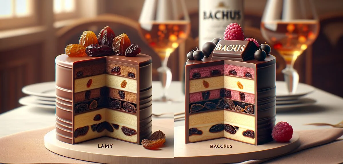 ラミーとバッカスのチョコレートを断面で比較したイメージ、ラミーはレーズン入りの三層構造、バッカスはリキュール入り、上品なテーブルセッティング