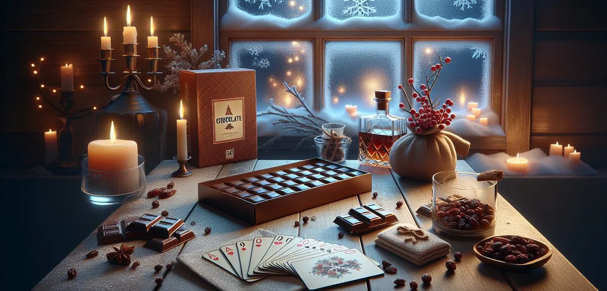 A cozy winter evening scene with Rummy chocolate boxes on a wooden table next to a frosted window, s