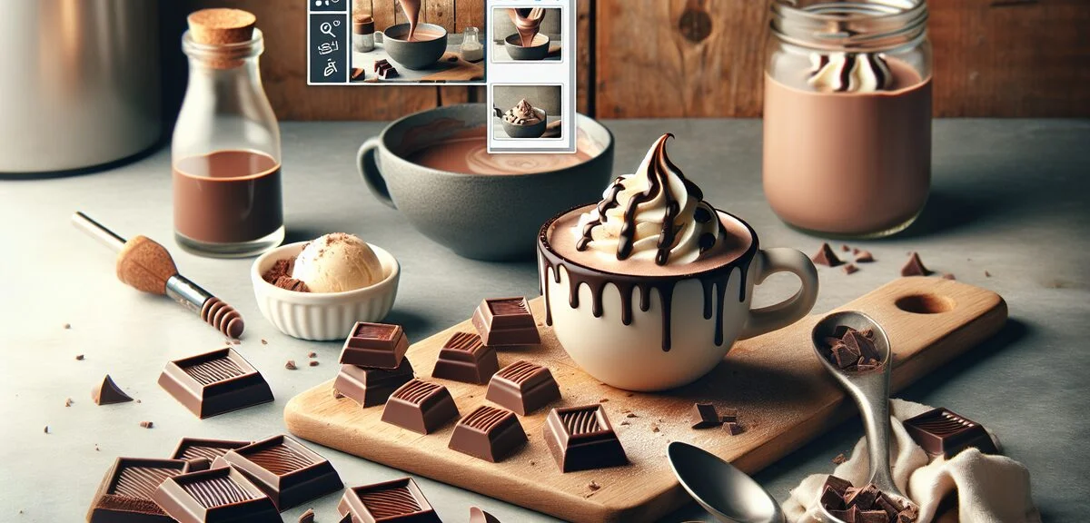 Creative Rummy chocolate recipe arrangements showing frozen Rummy pieces, hot chocolate with melted 