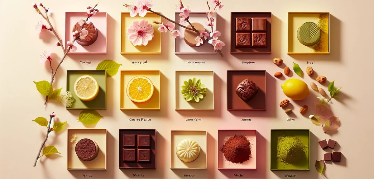 A seasonal collection of Sasha chocolate limited edition flavors arranged by season, cherry blossom 