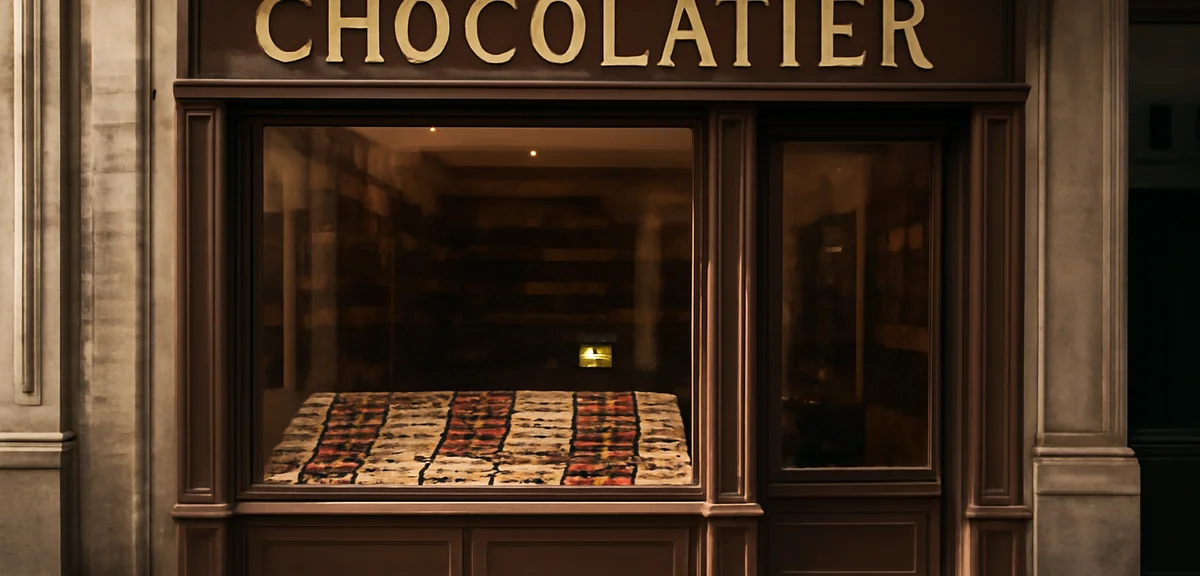 Vintage style storefront of a Belgian chocolatier in Brussels with a large display window showing as
