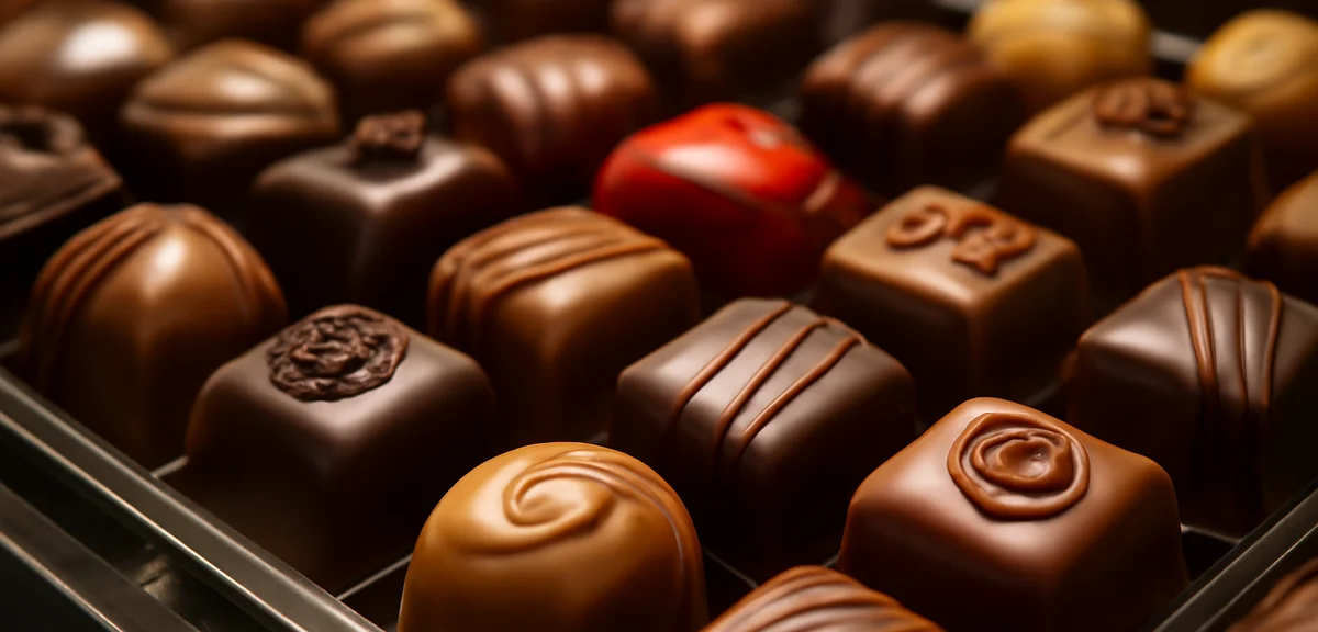 Close-up of an assortment of colorful Belgian pralines in a display case, glossy chocolate surfaces 