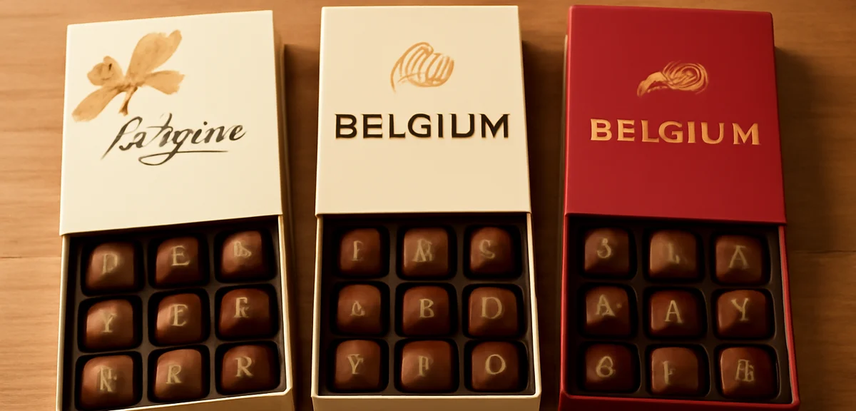 Side by side comparison of three Belgian chocolate brand boxes elegantly arranged on a wooden table,