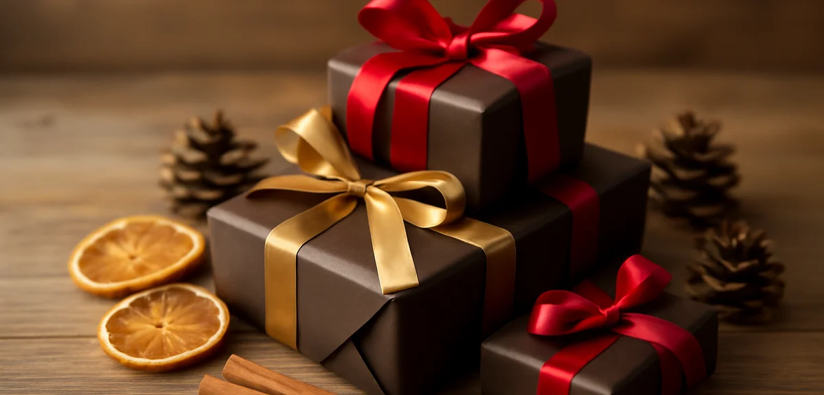 Beautifully wrapped Christmas chocolate gift boxes stacked on a rustic wooden surface with red and g
